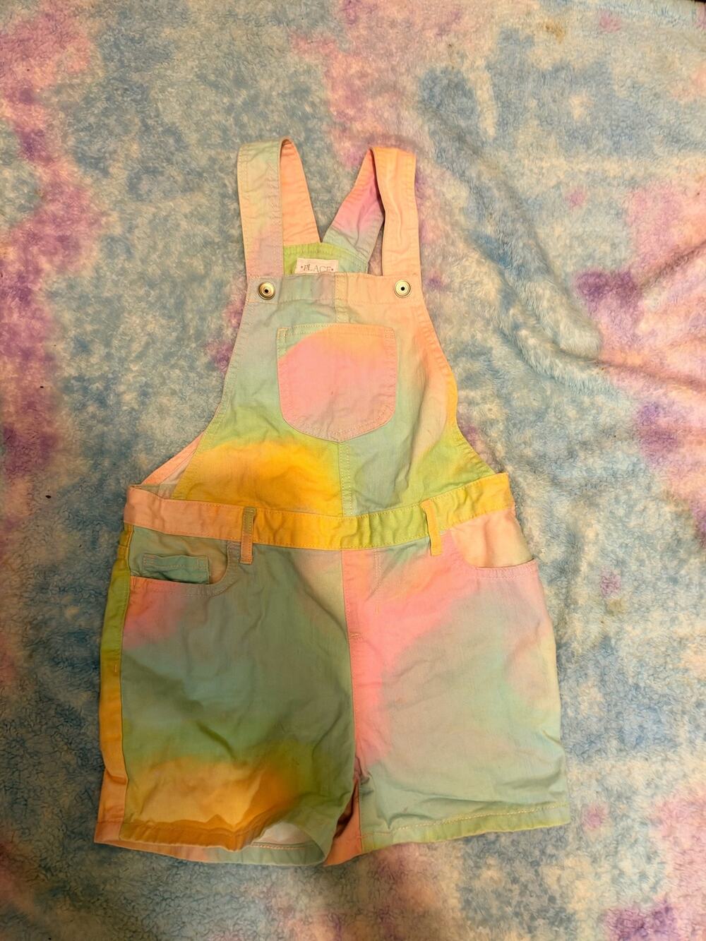 Girls' Pastel Tie-Dye Canvas Denim Short Overalls